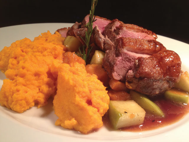 Organic Duck Breast with Ginger Carrot Puree, Ginger Orange Sauce  and Sautéed Apples and Sweet Potatoes